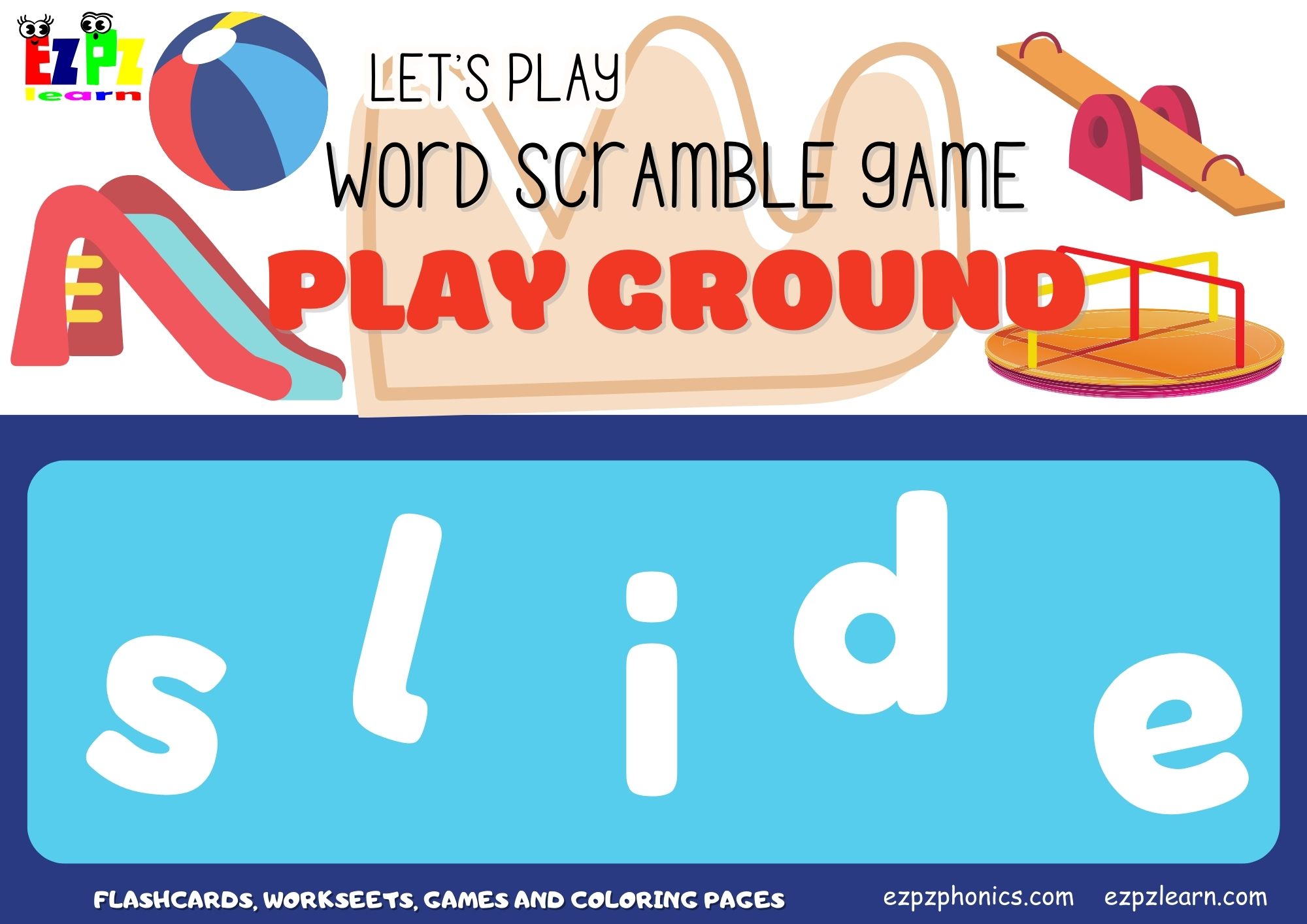 Playground Vocabulary Word Scramble Guessing Game. Great for kids and English language learners.